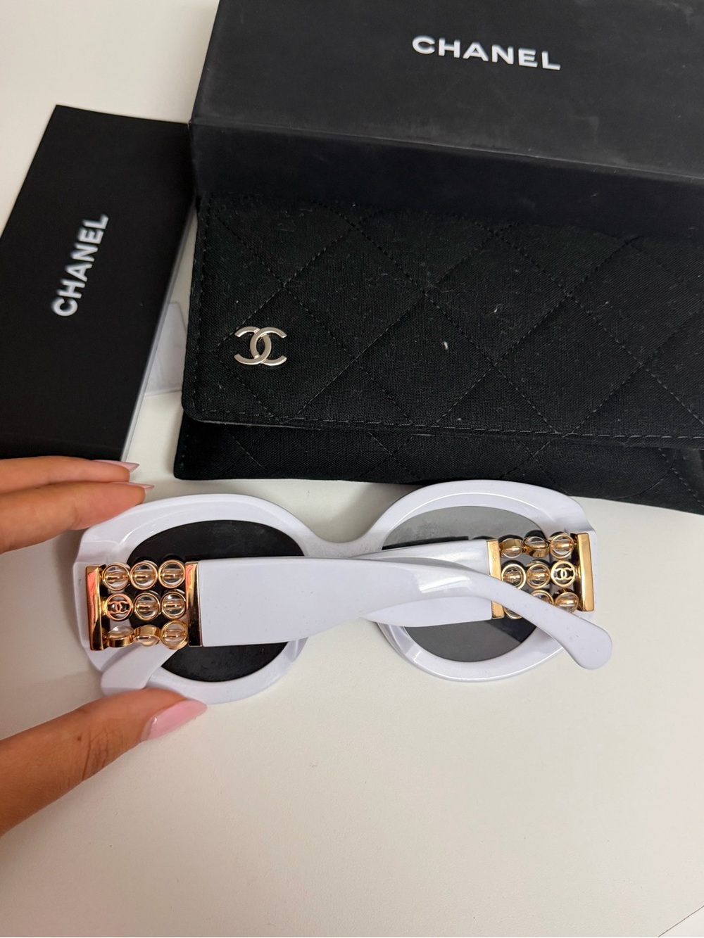 Authentic CHANEL White Round Sunglasses with Gold Chain Detail
